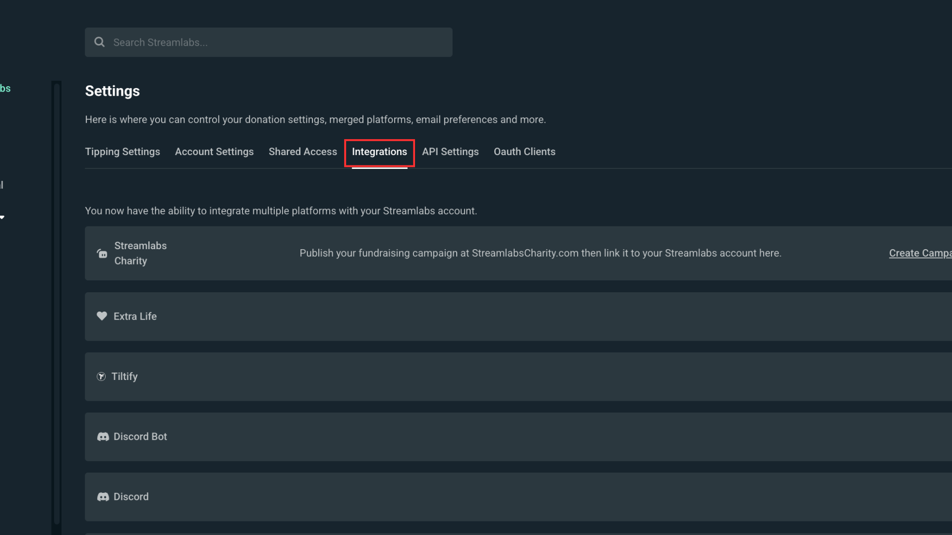 Integrations tab in Account Settings